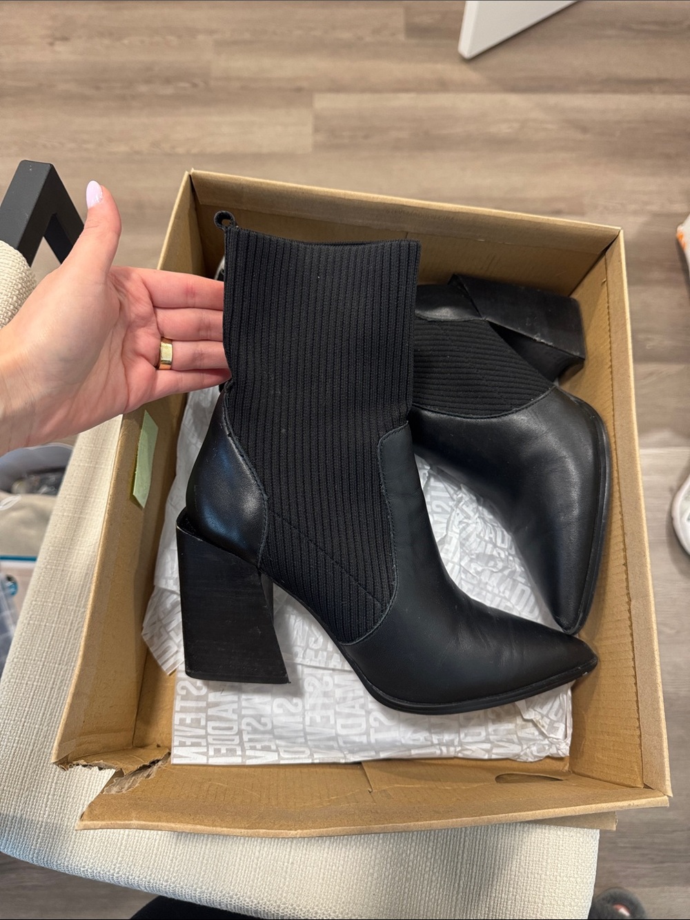 Steve Madden Black Pointed Toe Block Heel Sock Booties